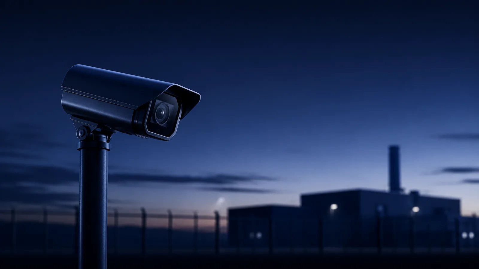 IP security camera overlooking an industrial facility at dusk