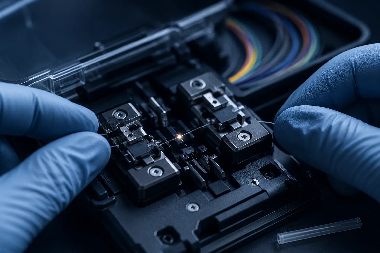 Technician fusion-splicing fiber optic strands
