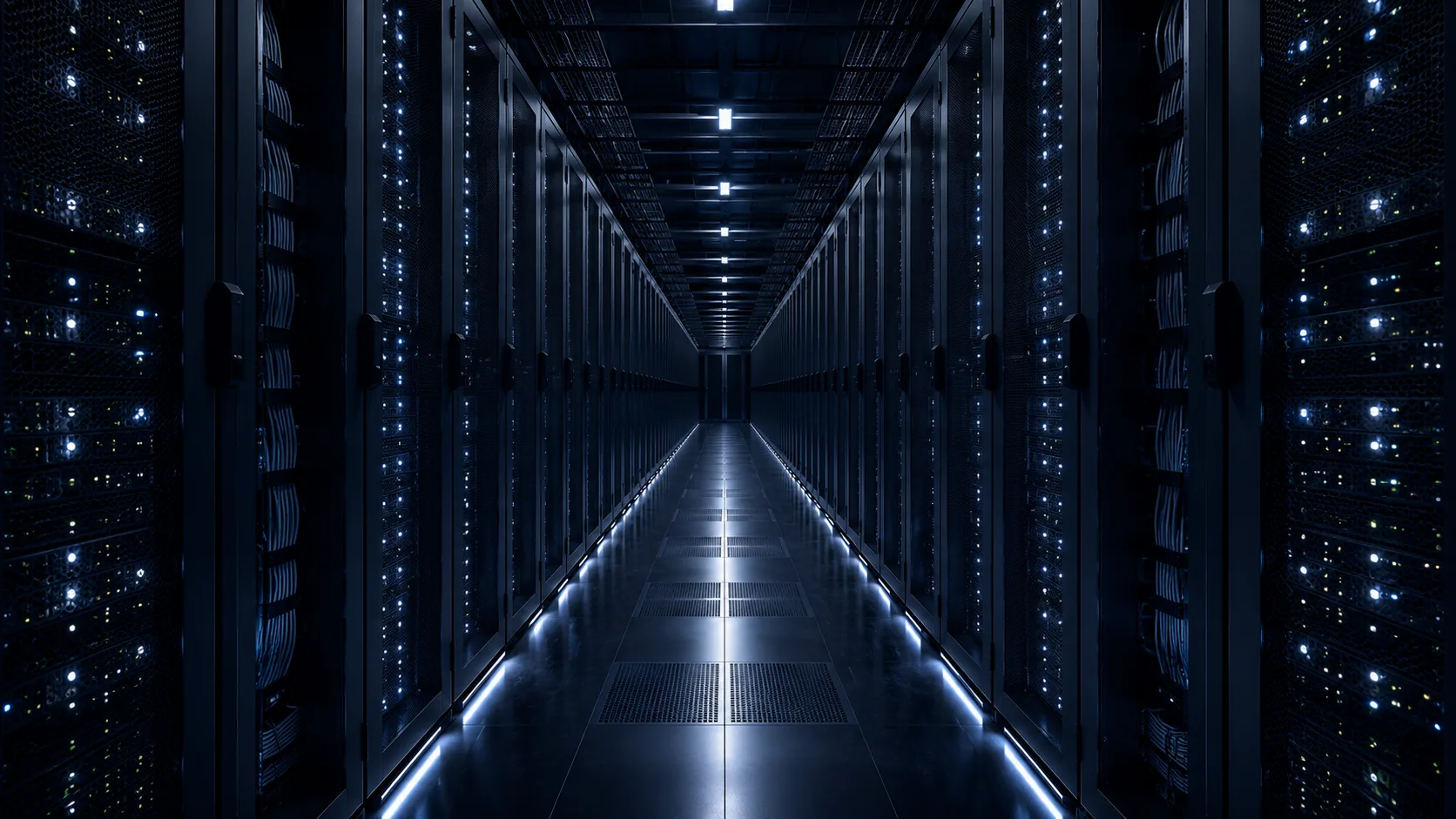 Data centre cold aisle with neatly dressed server racks